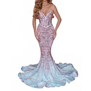 NEW PORTIA&SCARLETT strapless v neck sequins gown in rose gold ombre